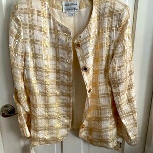 Rickie Freeman for Teri Jon Silk Wool Skirt Suit Gold & White Sequins